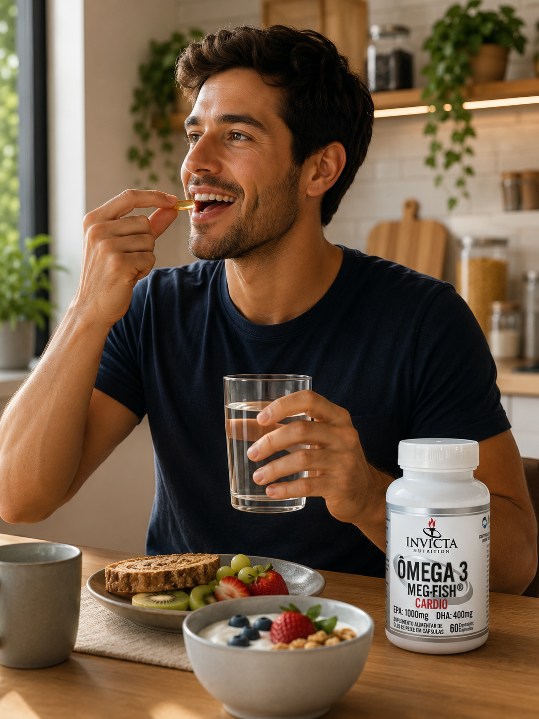 Homem tomando cápsula de Ômega 3 MEG-FISH Cardio no café da manhã